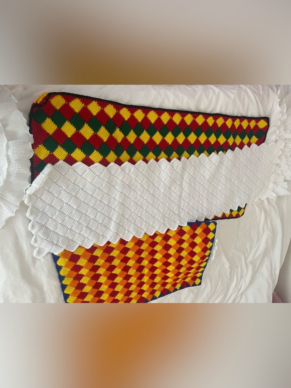 3pcs handmade Tunisian entrelac crochet blankets featuring colorful diamond patt